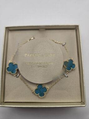 NIB Parker & Grey 14kt Gold-Plated Bracelet Turquoise Clover Charms CZ Accents